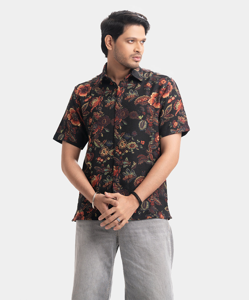 Black Blended Short Sleeve Casual Shirt
